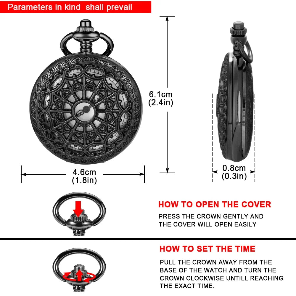 Black Thorn Heart Hollow Quartz Pocket Watch Classic Retro Necklace Pendant for Men Women Necklace Gifts Clock Relogio De Bolso