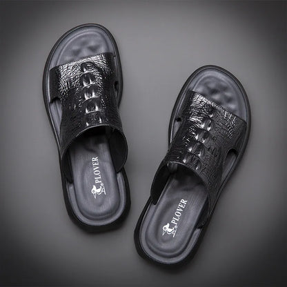 Chaussures d'été pour hommes, sandales en cuir véritable, imprimé crocodile, pantoufles décontractées, tongs à coussin d'air, chaussures de plage cool
