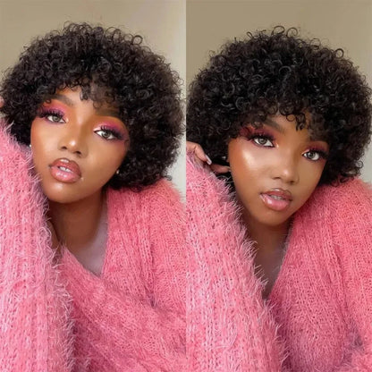 Full Machine Made 8 Inch Short Pixie Curly Bob Wig with Bangs Brazilian Human Hair Bouncy Curl Wig for Women Ready to Go Wig ﻿ ﻿