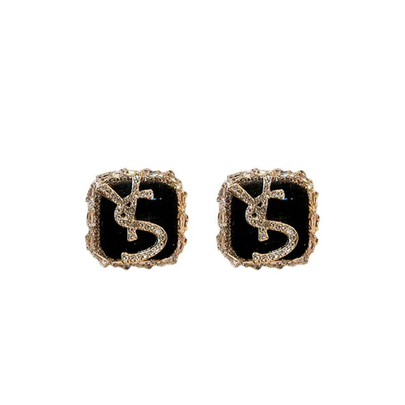 Boucles d'oreilles à tige classiques en strass avec lettres YS pour femmes, boucles d'oreilles tendance en zircon noir de luxe, bijoux de fête de bureau, accessoires cadeaux