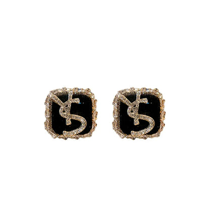 Boucles d'oreilles à tige classiques en strass avec lettres YS pour femmes, boucles d'oreilles tendance en zircon noir de luxe, bijoux de fête de bureau, accessoires cadeaux