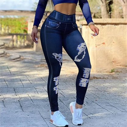 trousers ladies 2023 New Spring High Waist High Stretch Faux Denim Leggings Fitness Sports Yoga Women's Pants Streetwear Y2K