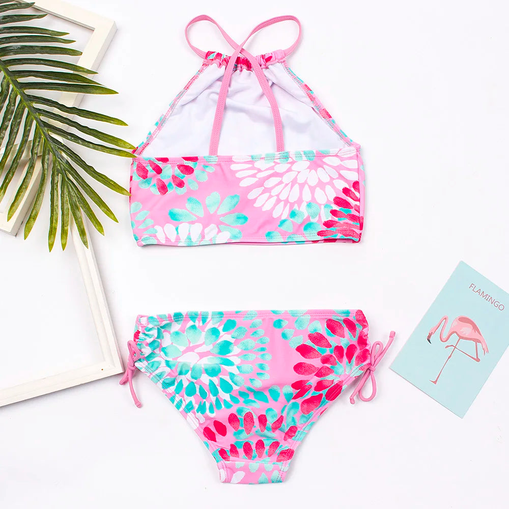 3-14 Years Flower Print Girls Kids Swimwear Summer Children Teen Students Two Pieces Swimsuit Kids Bikini Set Bathing Suit