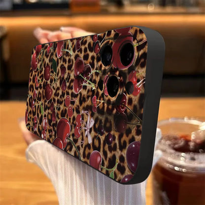 Leopard Cherry Pattern TPU Phone Case For iPhone 16 Cases iPhone 15 14 13 12 11 Pro Max XS X XR 7 8 Plus SE2 Soft Silicone Cover
