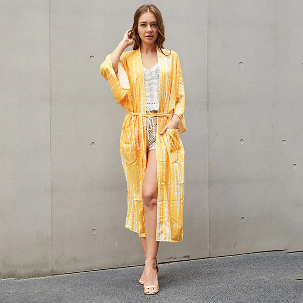 2023 Women Swimsuit Pareo Beachwear Boho Striped Print with Belt Short Sleeve Tunic Cardigan Summer Sexy Kimono Bikini Cover Up