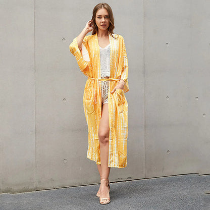 2023 Women Swimsuit Pareo Beachwear Boho Striped Print with Belt Short Sleeve Tunic Cardigan Summer Sexy Kimono Bikini Cover Up