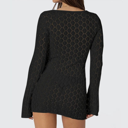 New Style Knit Solid Color Long Sleeve Dress Sexy Hollow Out Slim-Fit Beachwear Cover Up Beach Holiday Sun Protection Clothing