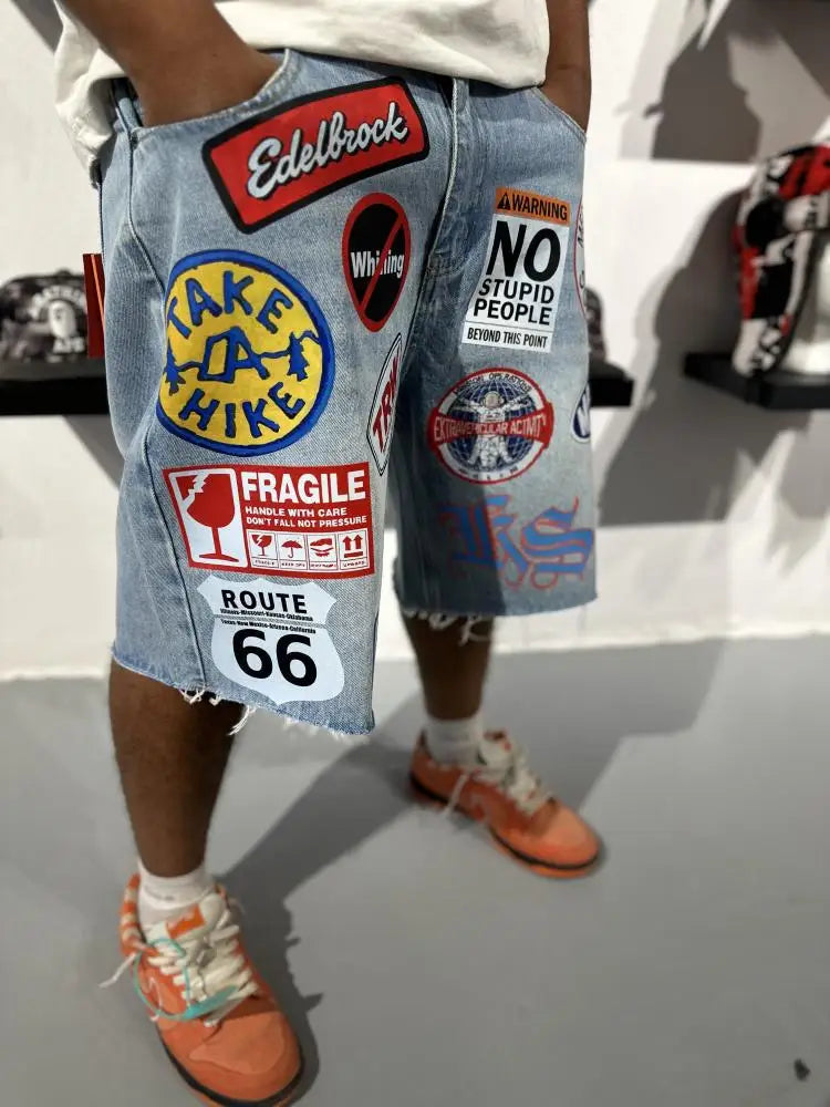 American Retro Patchwork Blue Denim Shorts Y2K Jeans Mens Womens Hip Hop Retro Baggy Shorts Low Waist Over The Knee Pants