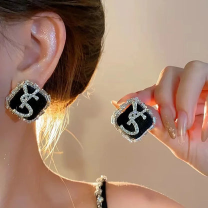 Boucles d'oreilles à tige classiques en strass avec lettres YS pour femmes, boucles d'oreilles tendance en zircon noir de luxe, bijoux de fête de bureau, accessoires cadeaux