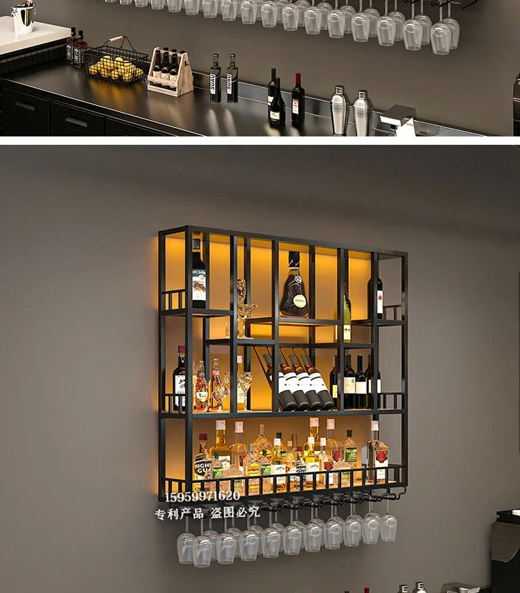 Customized: bar counter wine cabinet against the wall, hanging shelves, industrial style bar, wrought iron display stand,