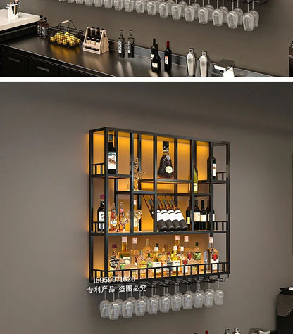 Customized: bar counter wine cabinet against the wall, hanging shelves, industrial style bar, wrought iron display stand,