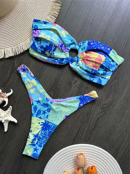 Sexy Colorful Floral Printed Bandeau Bikini Female Swimsuit Women Swimwear Two-pieces Bikini set Bather Bathing Suit Swim K6137
