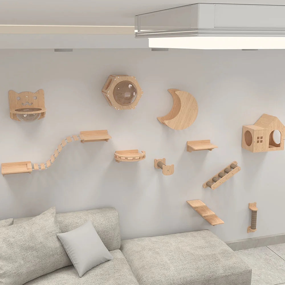 Étagères murales pour chats et échelle en corde, griffoir pour meubles pour chats, plateforme de saut en bois, jeu et sommeil pour chats