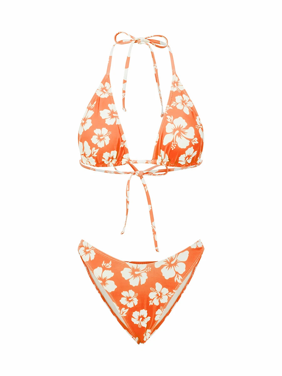 Push Up Bikini Set  For Women Flower Print Sleeveless Bra with Low Waist Briefs Bathing Suit