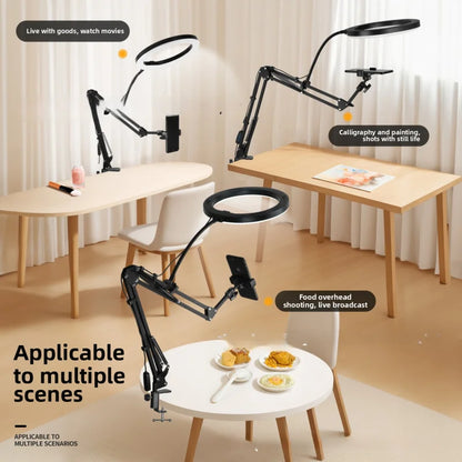 Phone Live Streaming Stand Desktop Multifunctional Overhead Shooting  Floor Tripod with Fill Light for Selfie and Video Shooting