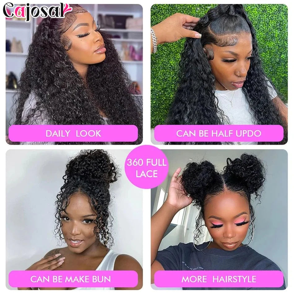 360 Full Invisi Strap Drawstring Sung HD Lace 30 Inch Human Hair Wigs 250% Density Water Kinky Curly Pre Plucked Glueless Black
