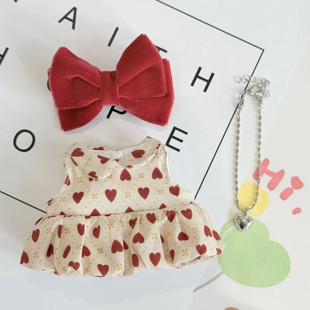 Lovely Bow Heart Flower Bud Skirt Set Decor Dress Sweater Cardigan Outfit Dolls Accessories For 17cm/38cm Labubu Doll Clothes