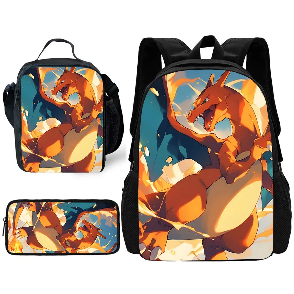 Child School Cute Anime Charizards Backpack with Lunch Bags ,Pencil Bags ,School Bags for Boys Girls Best Gift