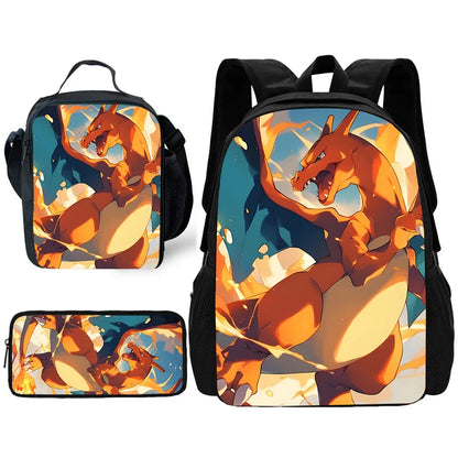 Child School Cute Anime Charizards Backpack with Lunch Bags ,Pencil Bags ,School Bags for Boys Girls Best Gift