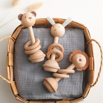 1pc Baby Rattles Toys Beech Wooden Animal Rattles Music Hand Bells Toys Newbron Montessori Educational Mobile Rattle Blocks Toys