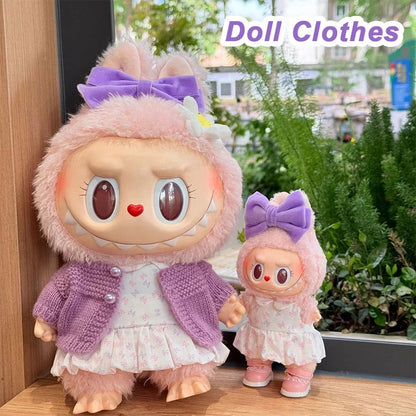 Lovely Bow Heart Flower Bud Skirt Set Decor Dress Sweater Cardigan Outfit Dolls Accessories For 17cm/38cm Labubu Doll Clothes