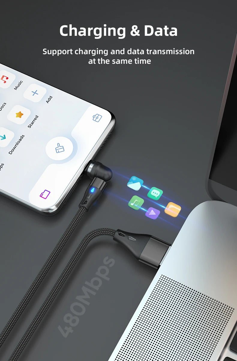 AUFU 5A Magnetic Cable 540 Rotate Fast Charging Magnetic USB Type C Cable For iPhone 14 Samsung Xiaomi Realme Mobile Phone Cable