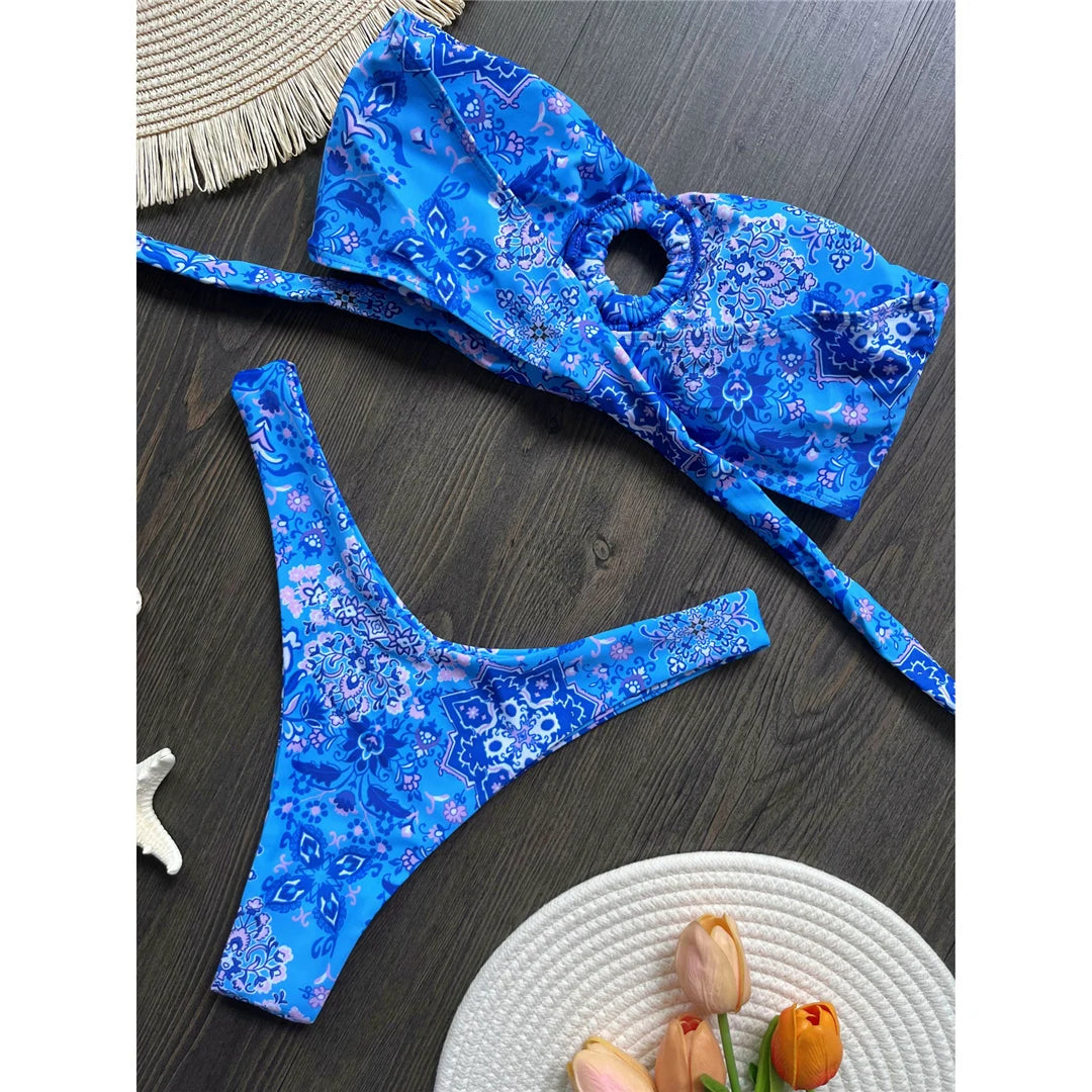 Sexy Colorful Floral Printed Bandeau Bikini Female Swimsuit Women Swimwear Two-pieces Bikini set Bather Bathing Suit Swim K6137