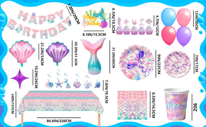 Mermaid Party Supplies,90 Pcs Party Supplies Kit-Mermaid Birthday Plates Cups Napkins Tablecloth&Banner Balloons etc for Girls