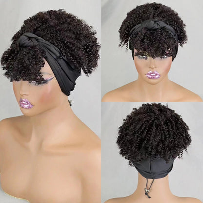 200% Density 1BT30 Afro Kinky Curly Scarf Wig with Bangs Machine Made Wig Curly 100% Human Hair Wig Preplucked for Black Women