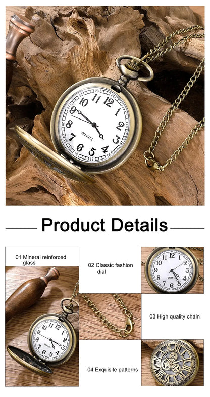 Antique Steampunk Vintage Roman Numerals Quartz Pocket Watch Bronze Case Necklace Pendant Clock Chain Mens Women