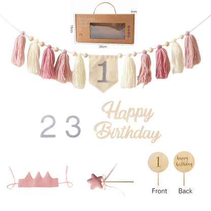 Happy Birthday Banner Handmade Tassel Pendant First Boys Girl Baby Shower Birthday Party Balloon Decoration Supplies Baby Gifts