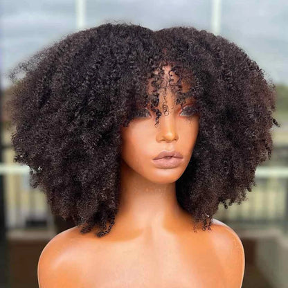 Brown Color PiXie Cut Afro Kinky Curly Human Hair Wigs with Bangs Brazilian Short Curly Human Hair Wig Wear to go Glueless Wig