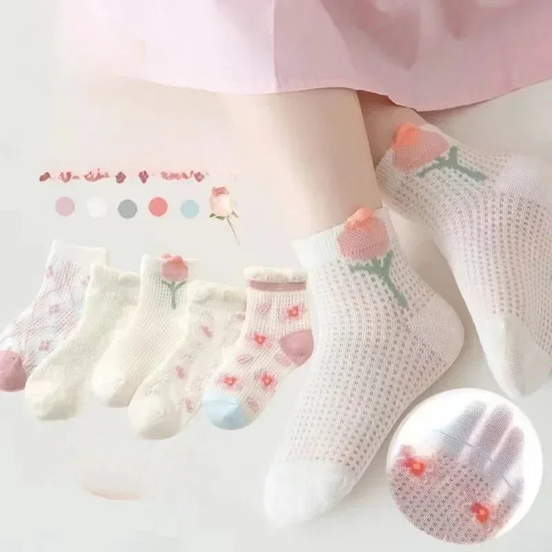 5 Pairs/Lot Kids Soft Cotton Socks Korean Love Heart Flower Print Baby Girl Socks Autumn Winter Warm Children Middle Tube Socks