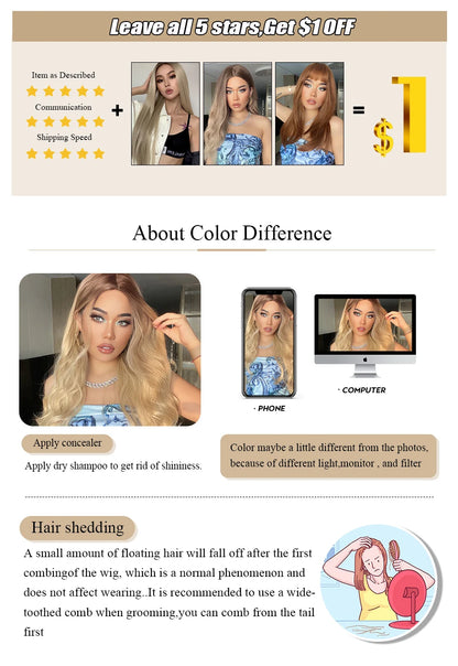 Perruques synthétiques longues blondes EASIHAIR pour femmes, cheveux naturels lisses et dégradés avec frange, résistantes à la chaleur, pour un usage quotidien