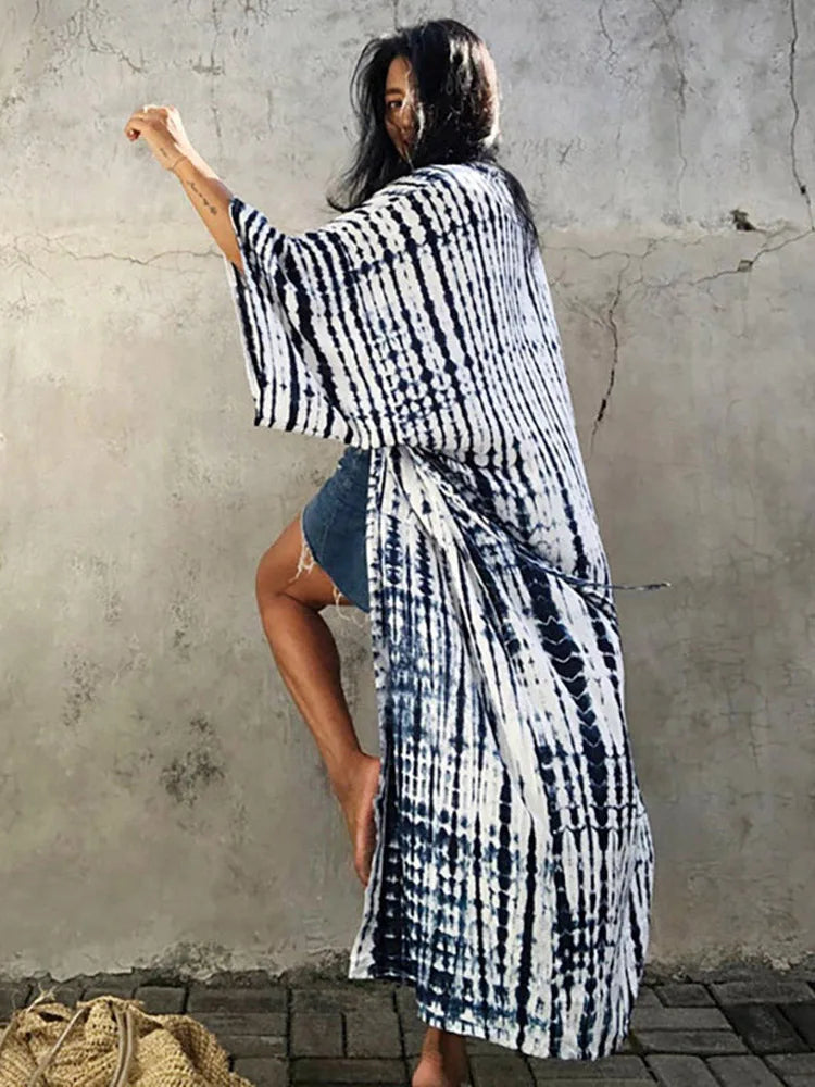 2023 Women Swimsuit Pareo Beachwear Boho Striped Print with Belt Short Sleeve Tunic Cardigan Summer Sexy Kimono Bikini Cover Up