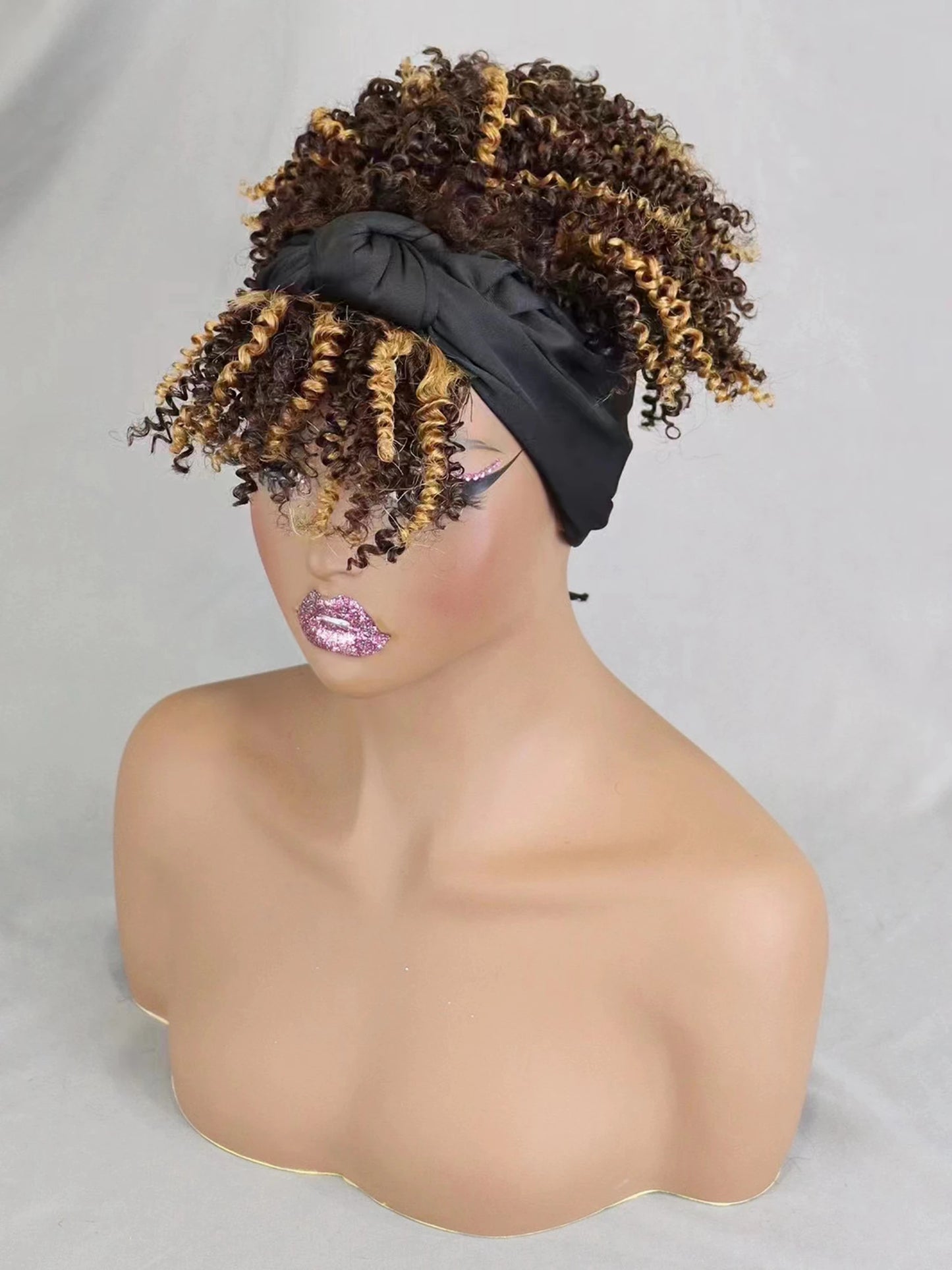 200% Density 1BT30 Afro Kinky Curly Scarf Wig with Bangs Machine Made Wig Curly 100% Human Hair Wig Preplucked for Black Women