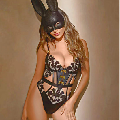2025 Explosive Models Sexy Fashion Rabbit Girl Seduction Jumpsuit Splicing Mesh see-through Lace Floral Lace Exotic Costumes