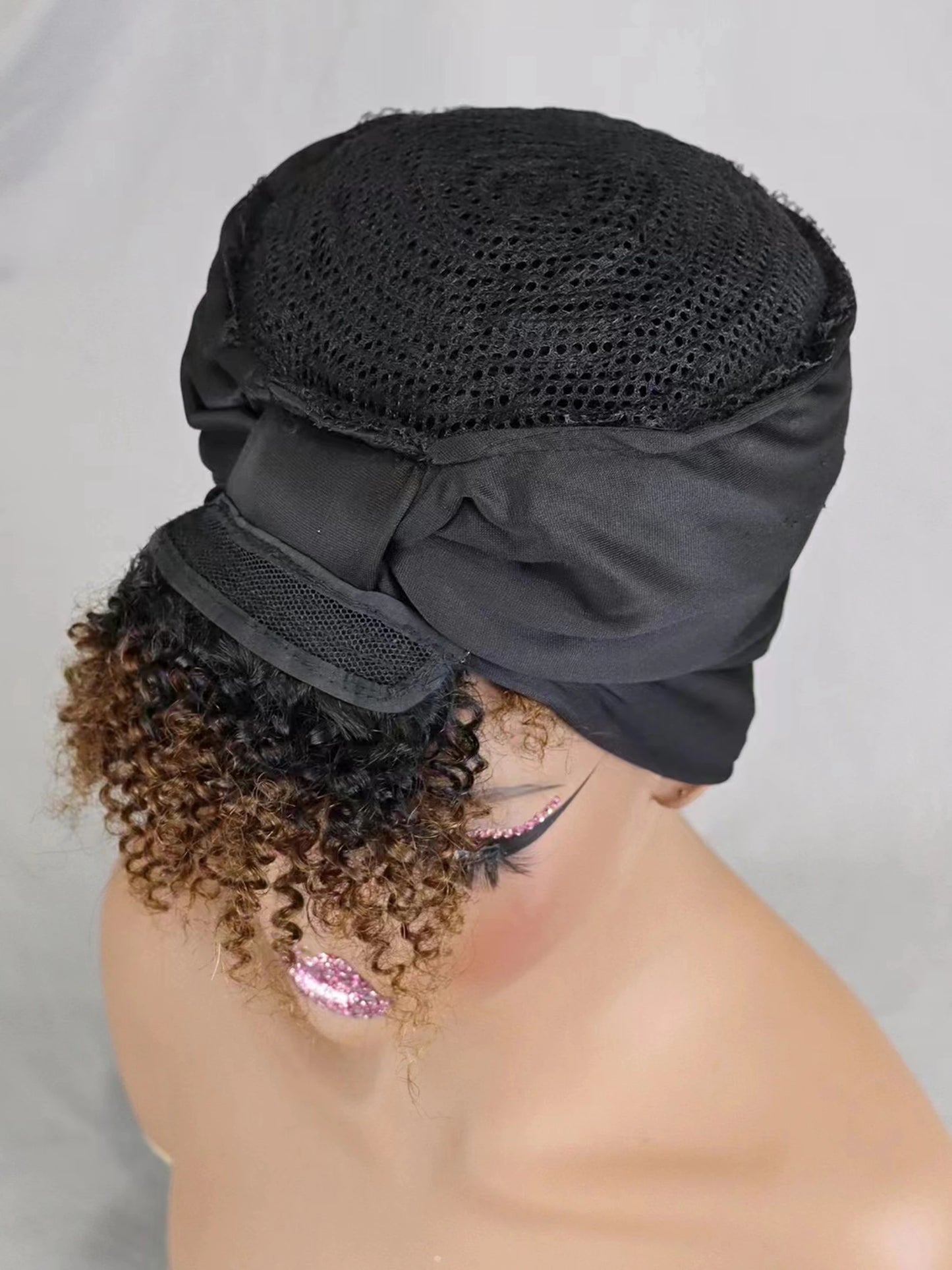 200% Density 1BT30 Afro Kinky Curly Scarf Wig with Bangs Machine Made Wig Curly 100% Human Hair Wig Preplucked for Black Women