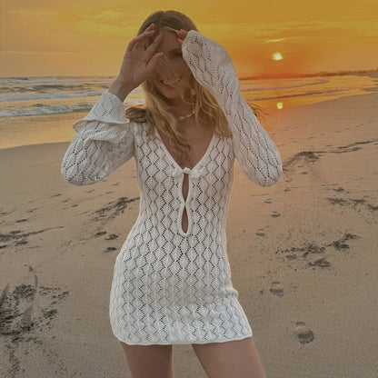 New Style Knit Solid Color Long Sleeve Dress Sexy Hollow Out Slim-Fit Beachwear Cover Up Beach Holiday Sun Protection Clothing