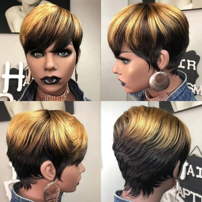 Perruque courte et lisse en cheveux humains, coupe Pixie, fabriquée à la machine, pour femmes noires, avec frange, dégradée, vierge, noir 1B, bonnet complet