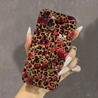 Leopard Cherry Pattern TPU Phone Case For iPhone 16 Cases iPhone 15 14 13 12 11 Pro Max XS X XR 7 8 Plus SE2 Soft Silicone Cover