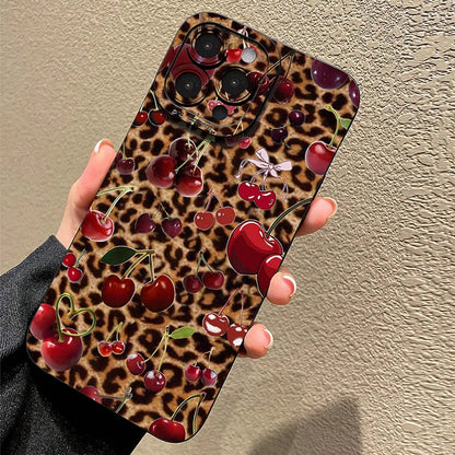 Leopard Cherry Pattern TPU Phone Case For iPhone 16 Cases iPhone 15 14 13 12 11 Pro Max XS X XR 7 8 Plus SE2 Soft Silicone Cover