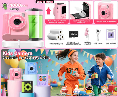 Kids Camera Instant Print HD 1080P 16X Zoom Digital Camera Video Recorder Toy for Girls & Boys Best Christmas Birthday Gfits