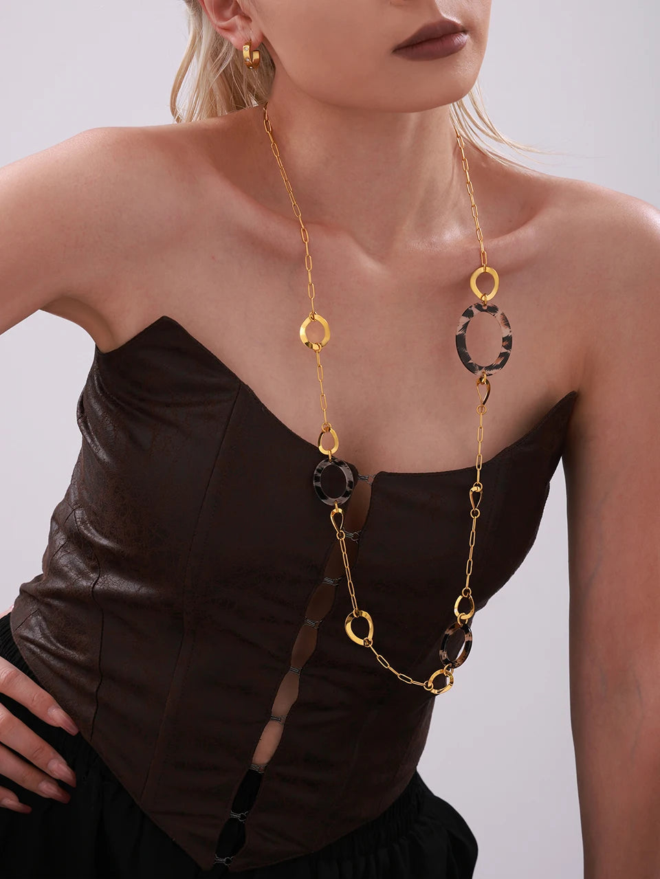 Stainless Steel Long Necklace For Women 18k Gold Plated Women's Sweater Chain Necklaces Woman Leopard Print Jewelry Accessories