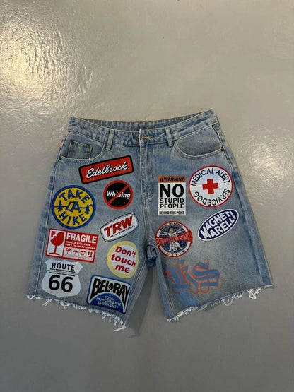 American Retro Patchwork Blue Denim Shorts Y2K Jeans Mens Womens Hip Hop Retro Baggy Shorts Low Waist Over The Knee Pants