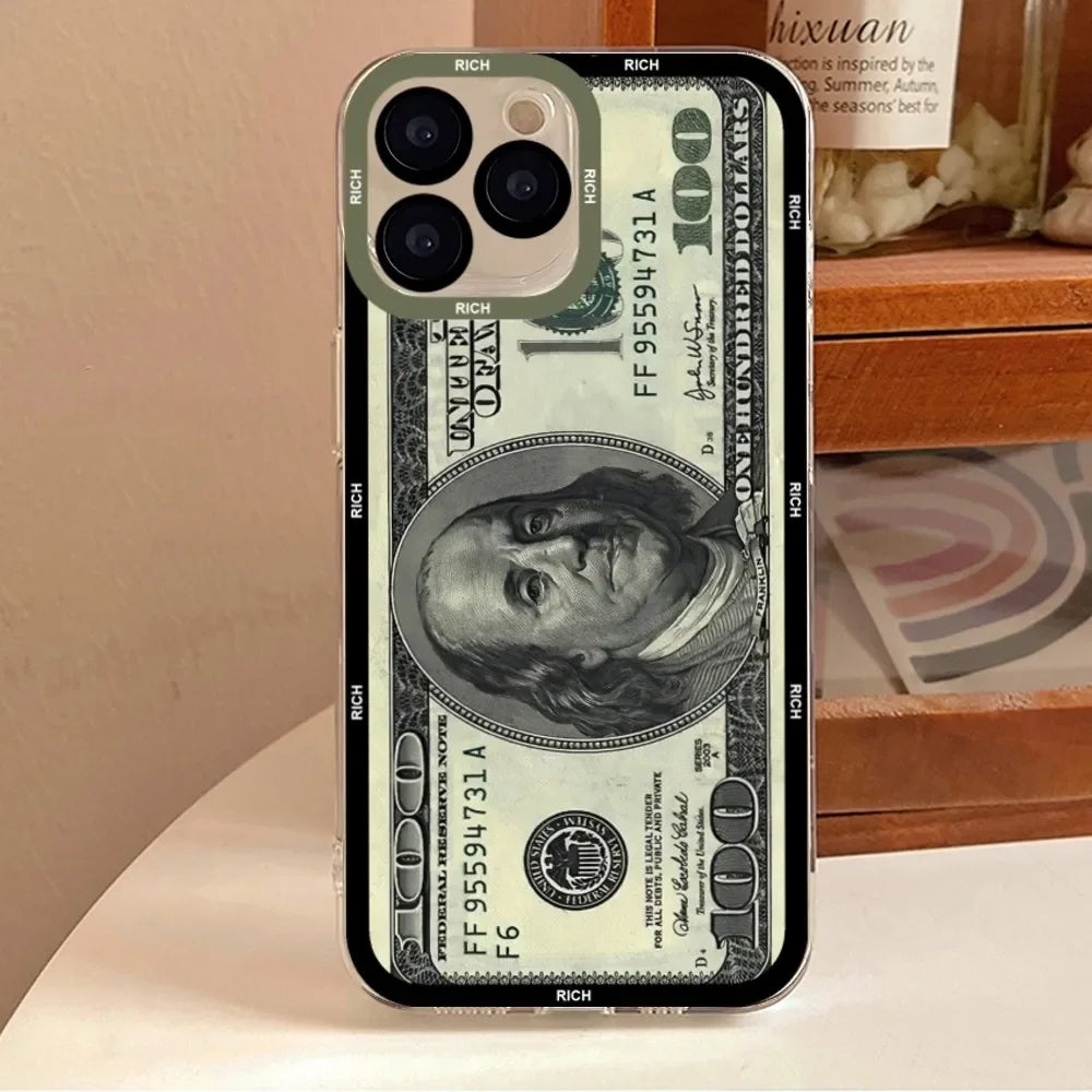 Luxury dollar us phone case for iphone 11 12 mini 13 14 pro max transparent shell