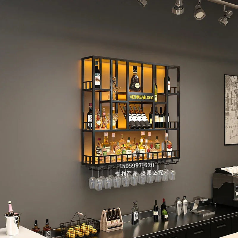 Customized: bar counter wine cabinet against the wall, hanging shelves, industrial style bar, wrought iron display stand,