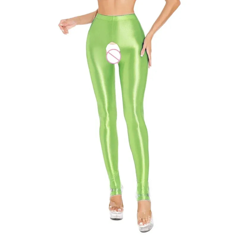 Glossy Shiny Stage Performance Leggings High Waist Fitness with Socks Skinny Yoga Trousers Women Clothing Stage Show