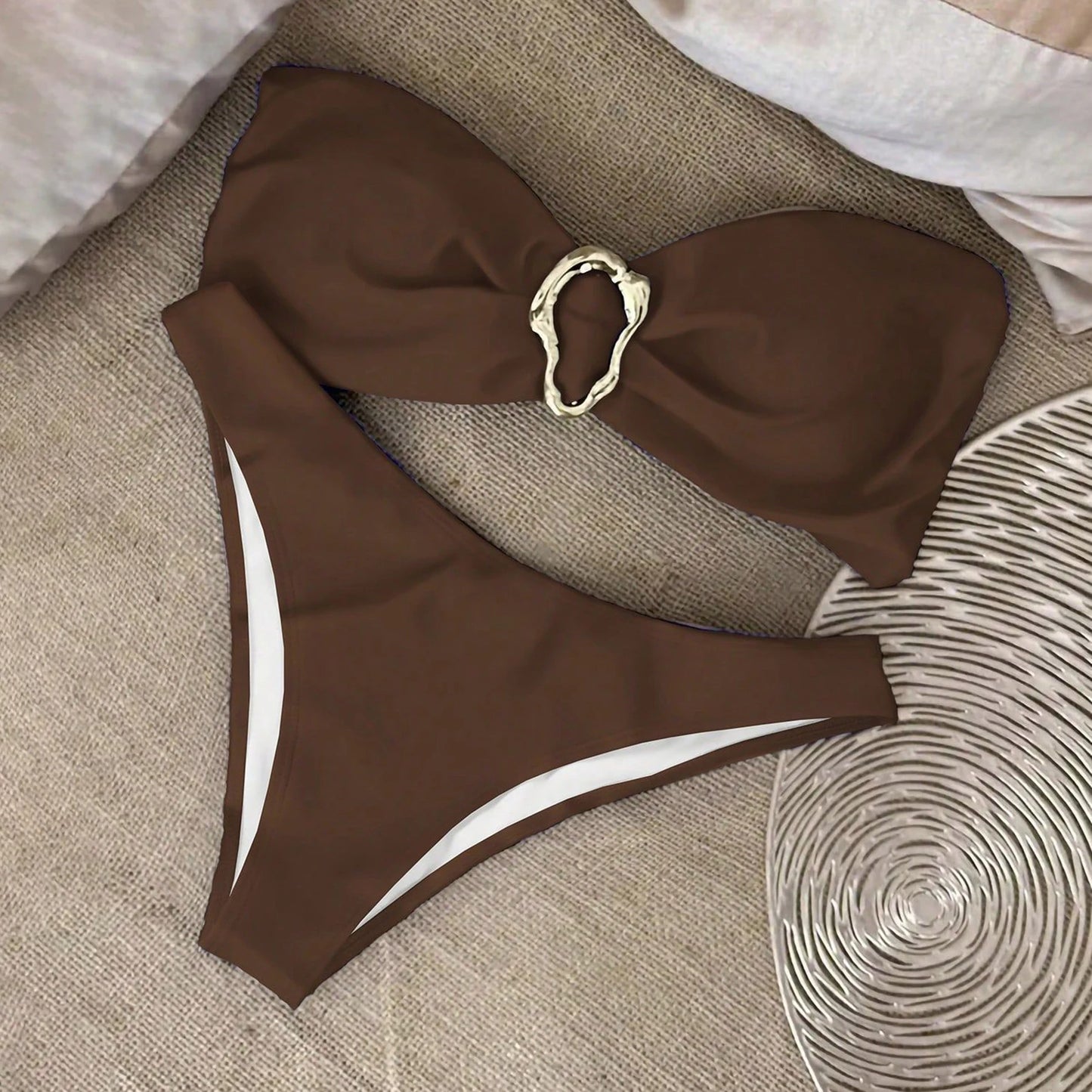 Women Bikini Set Solid Color Underwire Padded Push-Up Split Bikini Bra Print High Waist Bottoms Swimsuit Women Bathing Suit
