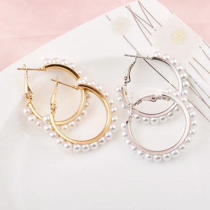 Exaggerated Imitation Pearl Round Hoop Earrings for Women Hiphop Punk Metal Creative Geometry Loop Jewelry Accessory Girl Gift